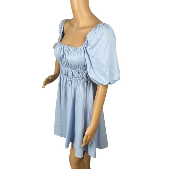 Cider NEW Pastel Blue Milkmaid Babydoll Puff Sleeve Dress SZ S - Picture 6 of 10